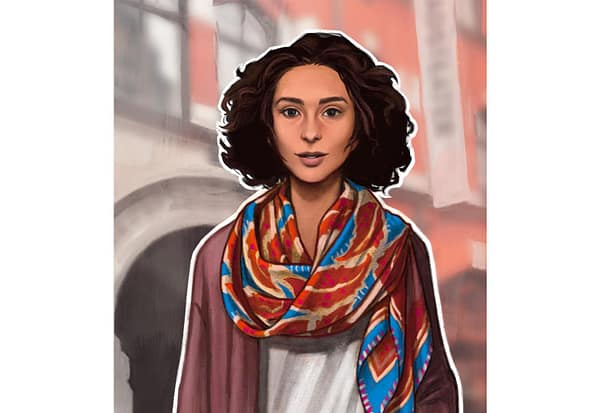 An illustration of the digital tour guide Henriette. She has black, curly hair in a bob and a colorful scarf draped around her shoulders.