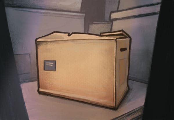 A scetched image of a moving box stuffed into an attic storage space.