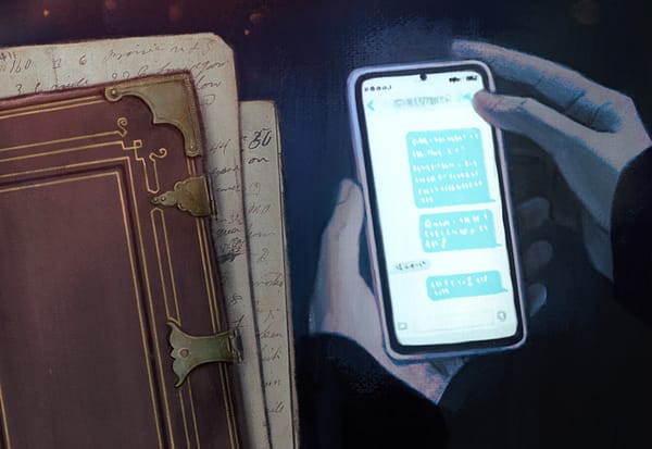 An illustration showing an old journal full of notes in the background. In the foreground is two hands holding a smartphone, with a chat visible on the screen.