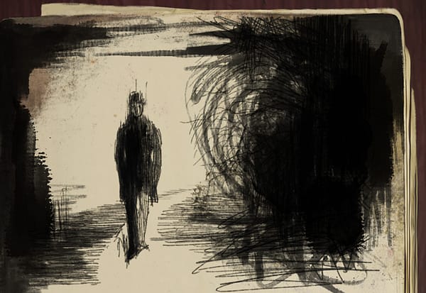 An illustration of a man walking in darkness.