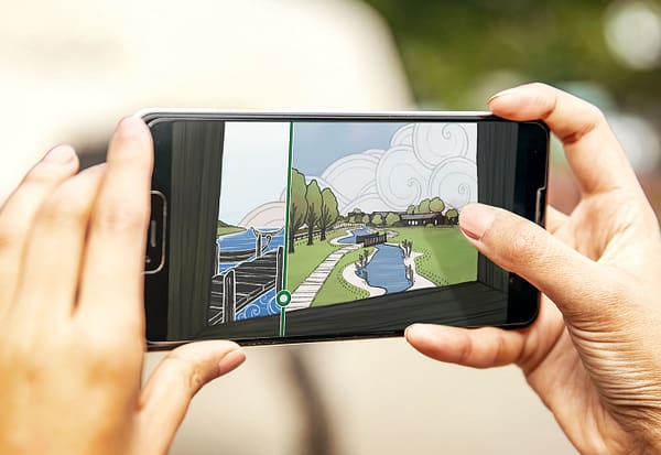 A close-up of two hands holding a smartphone. on the screen is an illustration of a shoreline.