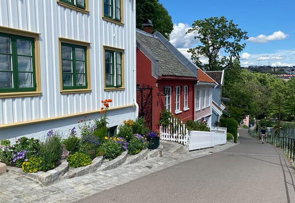 A photo of Telthusbakken street in Oslo, with it's wooden homes in a variety of colors.