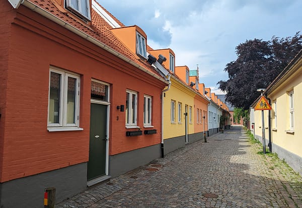 Ett foto av en mysig gatstensbelagd gränd i Trelleborg. På ena sidan syns låga, färgstarka hus med putsade fasader.