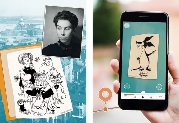 Collage of portrait of Tove Jansson, her art, historic photo of Helsinki and a mobile phone on location