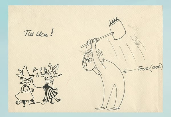 Drawing by Tove Jansson showing her threatening the moomin characters with a hammer
