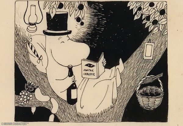 Moomin dad in a tree from the Moomin comic strip
