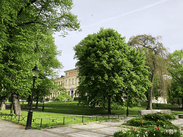 A photo of Humlegården park in Stockholm,. A graveled pathway runs between lush trees.