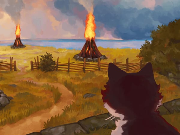An illustration of burning warning fires placed across the Gotland landscape. In the foreground, a grey and white cat is visible.