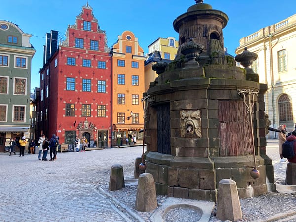 A photo of the Stortorgsbrunnen well in Stockholm's Old town. The well is made of stone and decorated with grotesque creatures. Surrounding the square are old, colorful buildings.