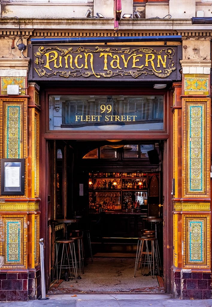 The entrance of historic London pub The Punch Tavern