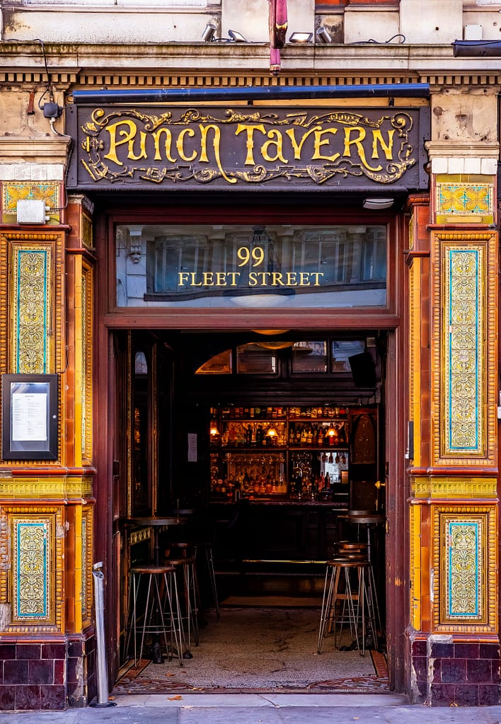 The entrance of historic London pub The Punch Tavern