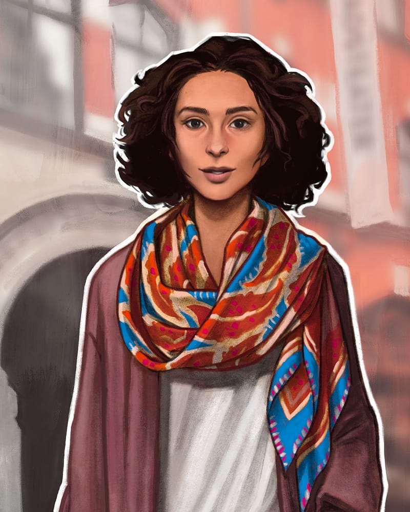 An illustration of Henriette, the digital guide of the tour. She has curly black hair and a colorful scarf loosely draped around her neck.
