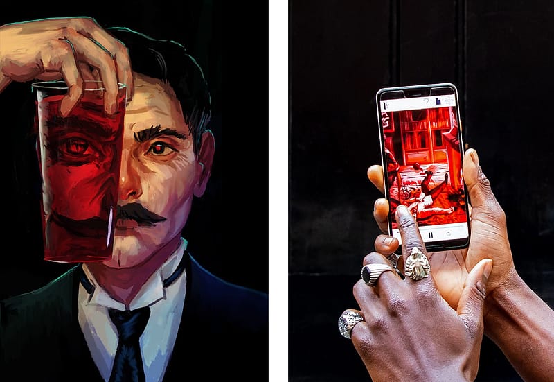 Two images, where the first is an illustration of Dr Jekyll holding a glass of red liquid in front of his face. In the second image, a person who is on a walking tour is holding a smartphone in their hand. On the screen, a puzzle is visible