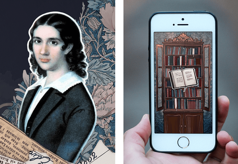 This image is split in the middle. On the left is a portrait image of Wendela, with dark hair and a blue dress. On the right is a smartphone screen, with an illustration of Wendela's bookcase