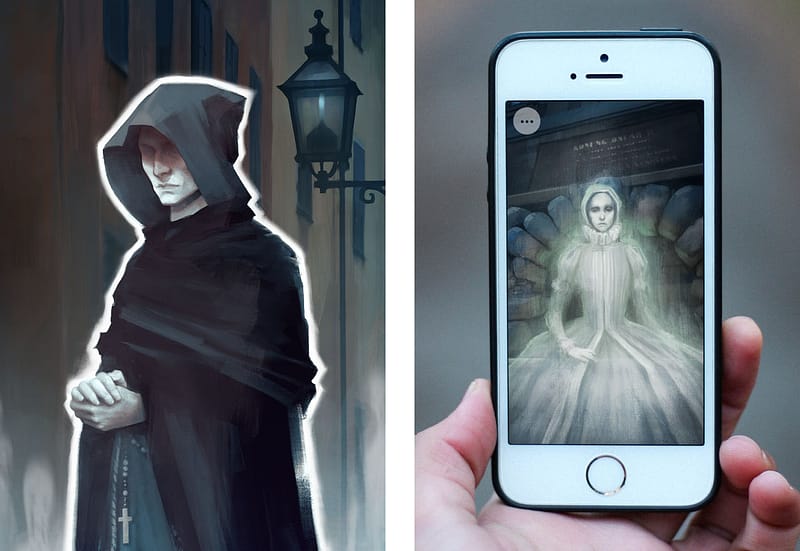 A split image with an illustration of a ghoul dressed in a black cloak on the left side, and on the right is a closeup of a hand holding a smartphone. on the screen is an illustration of the White Lady ghost.