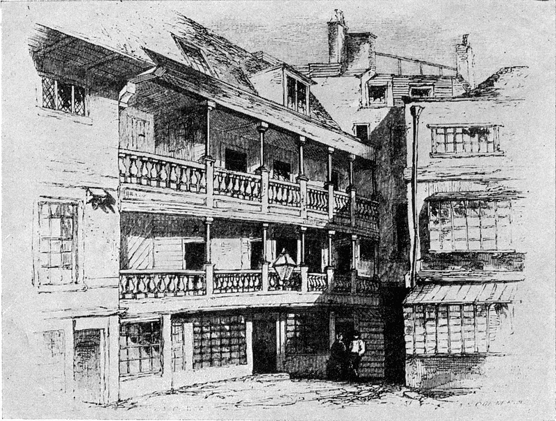 A black and white illustration of the exterior of The George Inn