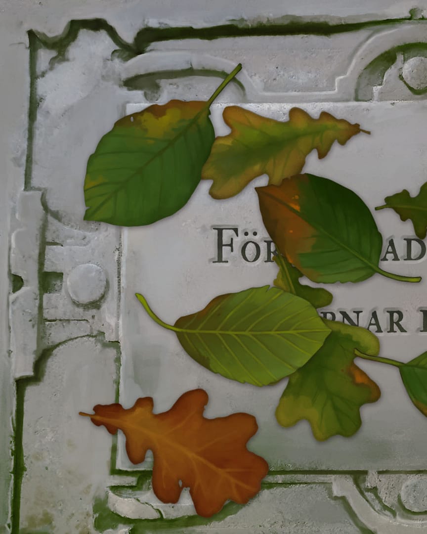 En illustration av Karna Möller s gravsten. Löv ligger spridda över stenen.